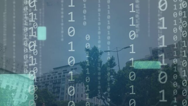 City skyline showing teal HUDs drifting and binary digits cascading on data pulse, visualizing data