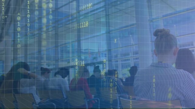 Seated audience sitting as blue grid appearing, starting falling binary bits, showing data flow