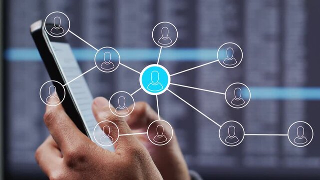 Man tapping and scrolling phone screen in tech workspace, animating network to show contacts