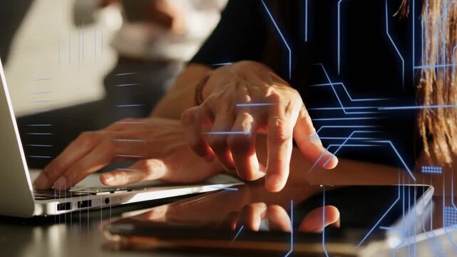 Woman dev tapping tablet, code overlays appearing over hands while typing on laptop for tech work