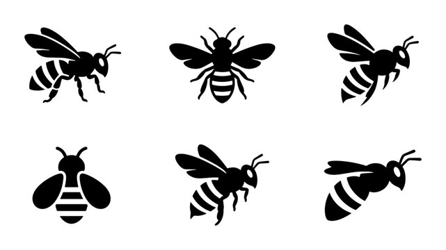 Six Black Bee Icons, Insect Vector Graphics, Flying and Standing Styles, Simple Silhouette Collection