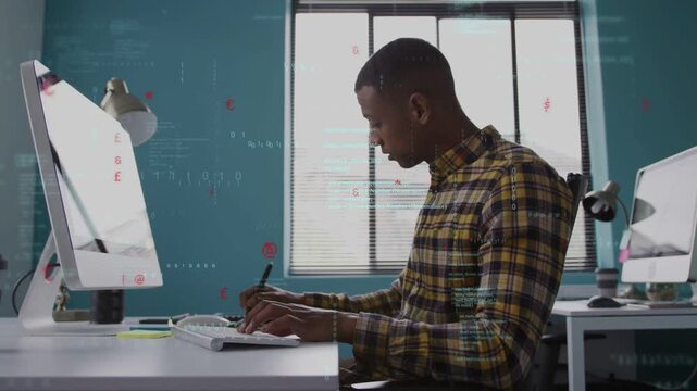 Placing hands on keys dev typing with stylus, coding app while code overlays appearing on monitor
