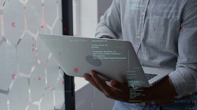 Developer reviewing code by hex glass, tilting laptop, opening lid, typing while overlays appearing