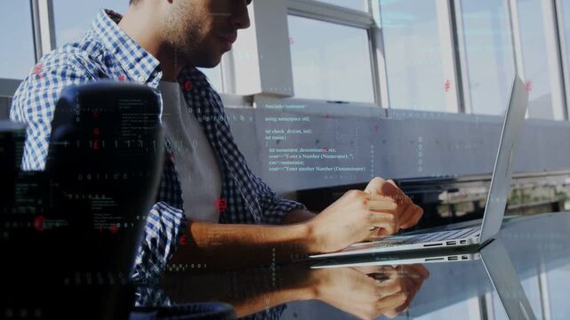 Camera framing view, man working on code typing laptop, hands reflecting, tech overlay persisting