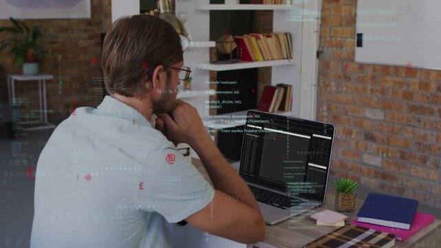 Developer scanning code at desk in office laptop updating and code overlays guiding debugging