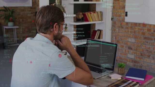 Man leaning forward and reviewing code, generating animated overlay across laptop in tech