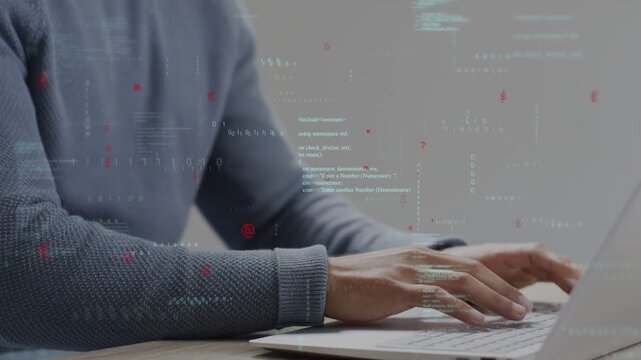 Developer typing then pointing on laptop, activating overlays over hands while debugging