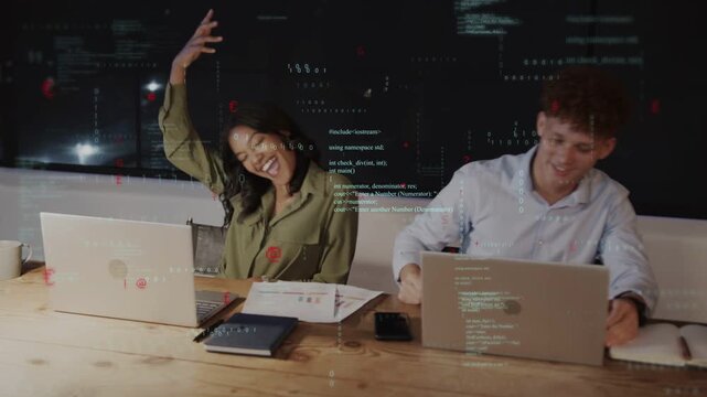 Two devs after task, fist bumping and high five, resuming while code overlay playing on laptops