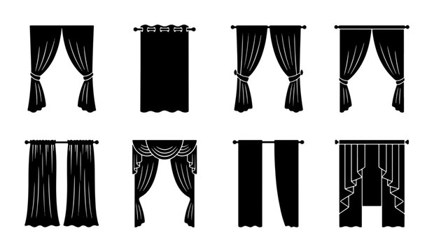Black Curtain Icons, Drapery Vector Set, Window Covering Silhouettes, Home Decor Elements