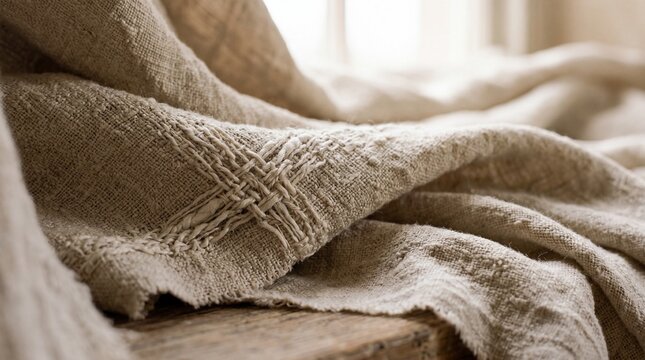 Close-up of draped raw linen fabric with soft valleys and detailed yarn textures
