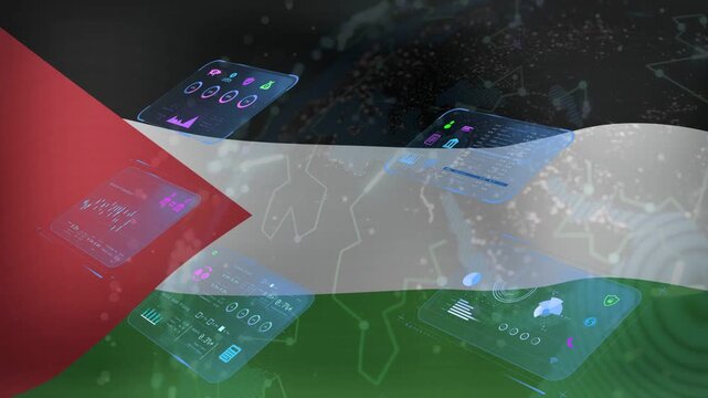 Starting transparent flag rippling, HUD screens emerging and network lines sweeping, revealing UI