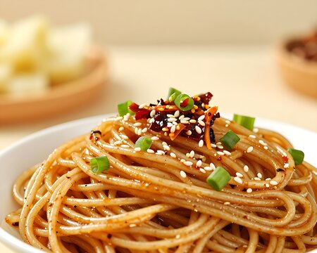 Bowl of traditional Wuhan re gan mian topped with sesame and scallions