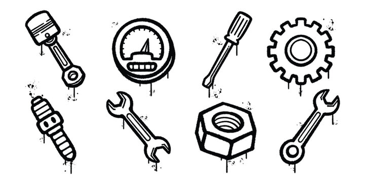 Set of graffiti spray Collection of Mechanical Equipment and Engineering Components vector illustration