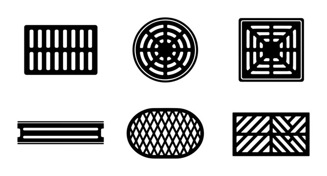 Drain Cover Icons, Grate Vector Set, Manhole Cover Graphics, Urban Infrastructure Elements