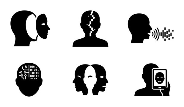 Human Identity Icons: Mask, Split Personality, Speech, AI Brain, Multiple Faces, Selfie