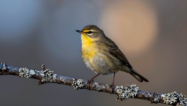 Willow warbler perched on a lichen-covered branch at golden hour