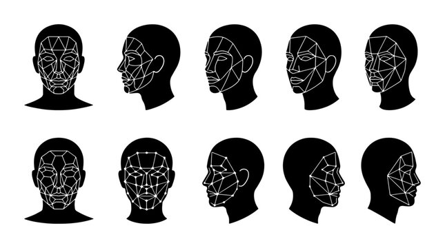 Facial Recognition Technology, Face Scan Analysis, Biometric Security, Human Head Profiles, Digital Identity Vector Set
