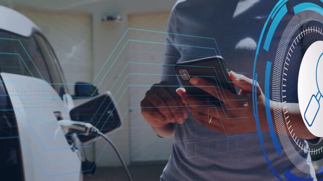 Woman tapping phone in garage, bringing holo UI over scene and reaching EV connector checking plug