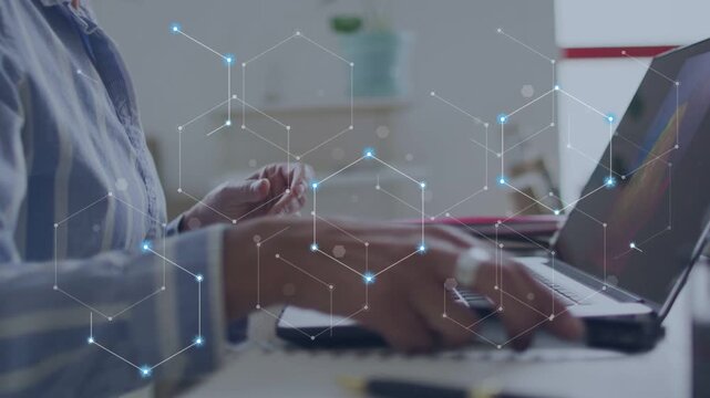 Woman tapping phone, moving phone to pad, typing on laptop, hex grid expanding showing technology