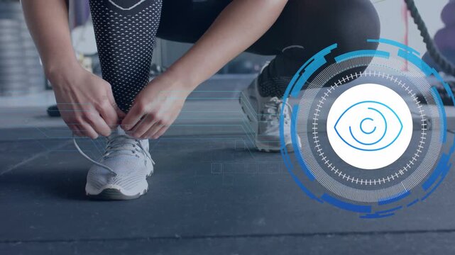 Woman crouching tying running shoe for workout, animated blue HUD eye tracking lace tightening