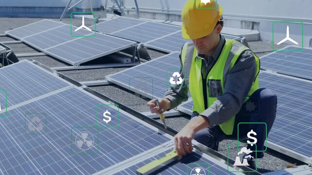 Roof solar tech leveling panels, fastening clamps for power while AR icons showing sun dollar