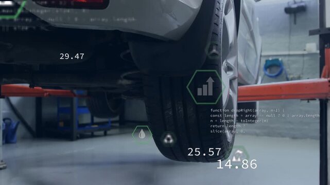 Camera framing rear-right wheel, AR hex icons spawning and updating, visualizing tire diagnostics