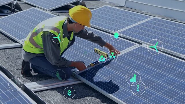 Solar worker kneeling placing panel, placing level, tightening rail aligning panel, icons spreading