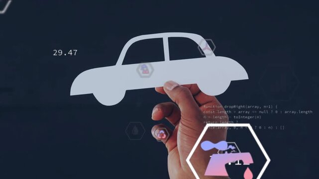 Hand entering holding paper car rotating making droplet bars hexes glowing analyzing auto metrics