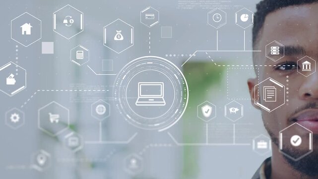 Worker remaining still while HUD fading in, overlaying face with laptop icon and showing tech