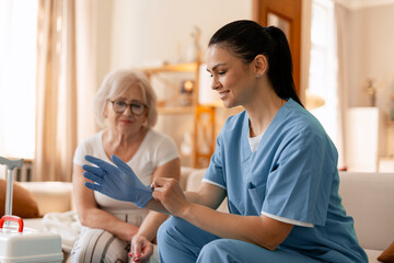 Fototapeta premium Healthcare worker assisting senior woman at home
