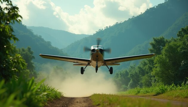 Small propeller plane lifts off from dirt road in lush green jungle. Aircraft ascends over misty mountains under cloudy sky, dust cloud rises from wheels during departure.
