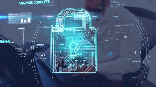 IT worker typing at desk, initiating AR padlock scanning, analyzing data, confirming security