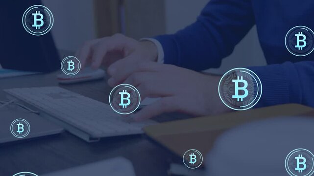 Man typing on keyboard single BTC appearing then cloning into floating icons over hands for finance
