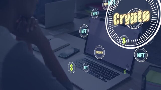 Man at desk reflecting, crypto HUD emerging, moving across laptop, phone, face, visualizing market