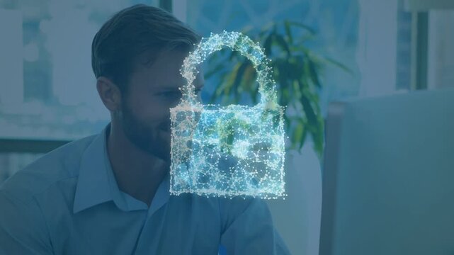 Man watching monitor, particles appearing forming padlock then shield, showing cybersecurity state