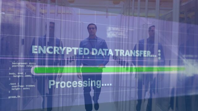 IT tech walking server aisle, nearing lens and initiating encrypted transfer progress bar filling