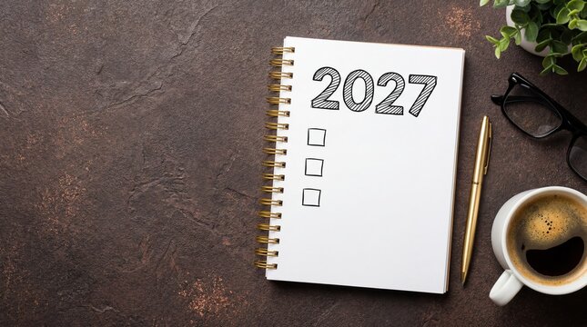 Top View of New year 2027 Notepad Checklist, Pen, and Coffee on Brown Background