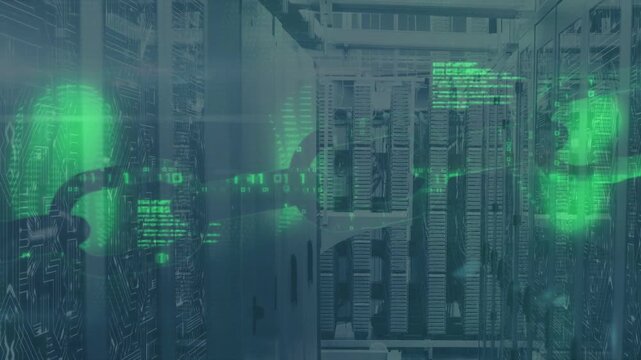 Green holo strand moving across center rack aisle after faint blob, forming faces, showing data