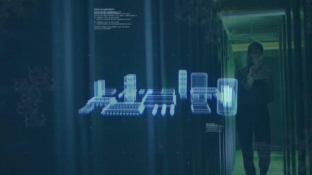 Woman tapping device in corridor, activating holographic city assembling microchip for tech test