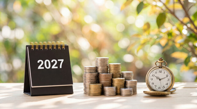 2027 Financial Planning Concept &ndash; Calendar, Stacking Coins, and Pocket Watch