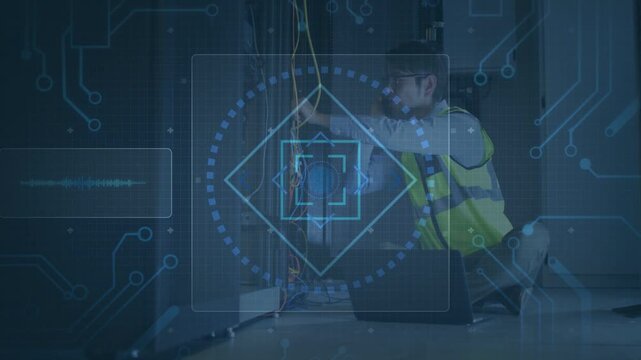 Technician with AR overlay appearing, inspecting wiring, using laptop, calling, verifying network