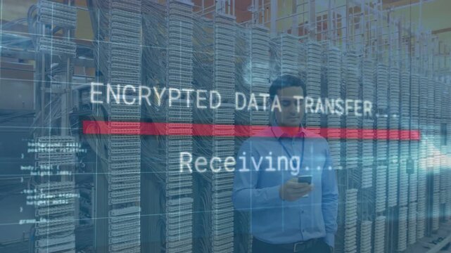 IT pro standing by server racks checking phone initiating encrypted HUD receiving data, bar filling