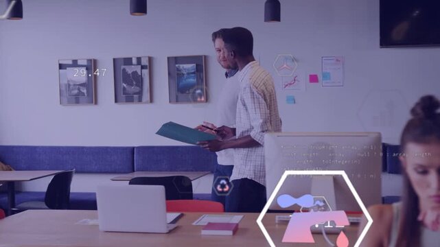 Two coworkers opening green folder, agreeing while walking as data overlays shifting across office