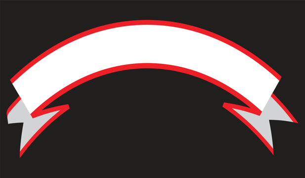 Large white arched ribbon with red borders and swallowtail ends on dark gray background.
