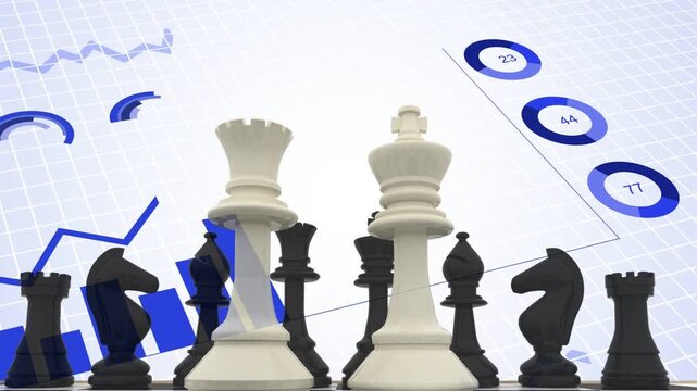 Blue zigzag appearing, white rook and king sitting as charts sliding and growing, showing strategy