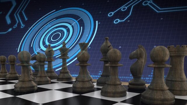 Camera pulling back, HUD rotating and traces pulsing, wood chess pieces staying still revealing row