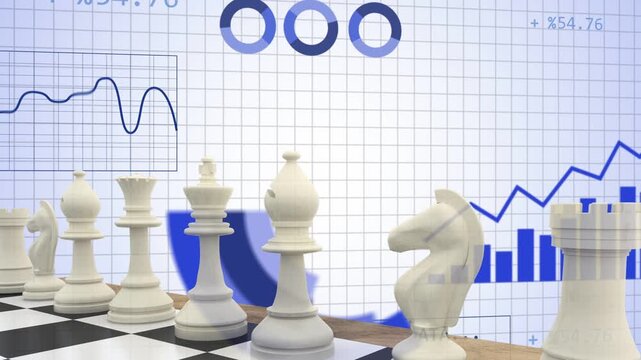 Right bar chart filling, sweeping blue arcs crossing white chess pieces row, showing rising data