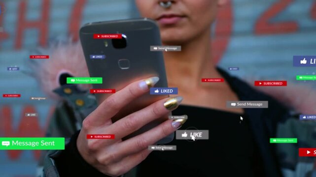 Woman reading smartphone and tapping screen, generating animated notifications for marketing