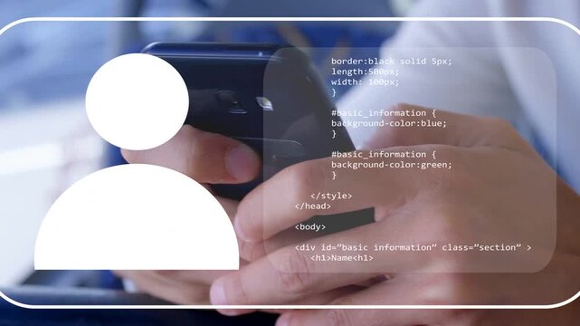 Man tapping phone, causing avatar left and code overlay sliding over hands, filling profile for HR