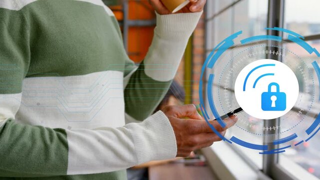 Security HUD appearing, patron holding phone and cup while HUD expanding to show secure link